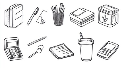 Office supplies sketch; stationery, tools, paper