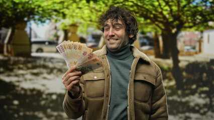 Man smiling holding turkish lira banknotes outdoors on a sunny city street with blurred trees in...