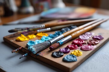 Obraz premium Flat-lay of an artist's palette with vibrant paint dabs, brushes, and a canvas in the background, creative energy emphasized.