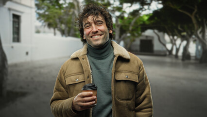 Fototapeta premium Young man smiling outdoors holding coffee cup in city street wearing casual jacket on cool day with blurred background of trees and buildings