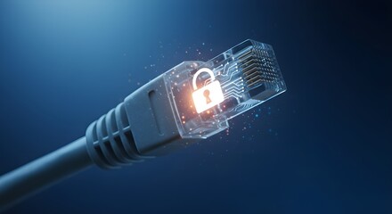 Ethernet Cable Connector with Glowing Security Lock Icon