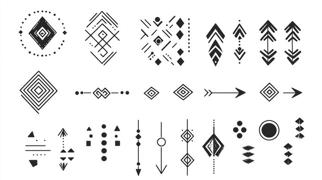 Geometric tribal tattoo design elements; white background; design resource