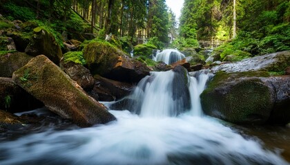 beautiful mountain rainforest waterfall with fast flowing water and rocks amazing nature