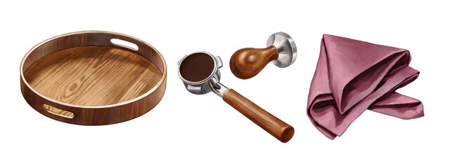 Coffee brewing accessories on a wooden tray arranged for preparation in a cozy kitchen setting