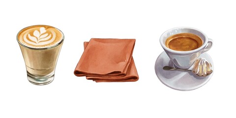 Delicious coffee drinks with napkins arranged on a clean surface in a cozy cafe setting