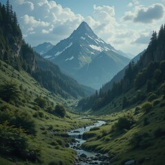 Obraz premium Mountain landscape with a river and high peaks in the clouds.