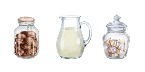 Displayed jars hold biscuits, milk, and cream for a cozy kitchen setting during a sunny afternoon