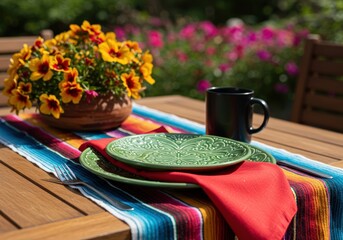 A charming outdoor dining setting featuring a vibrant floral arrangement and green plates.