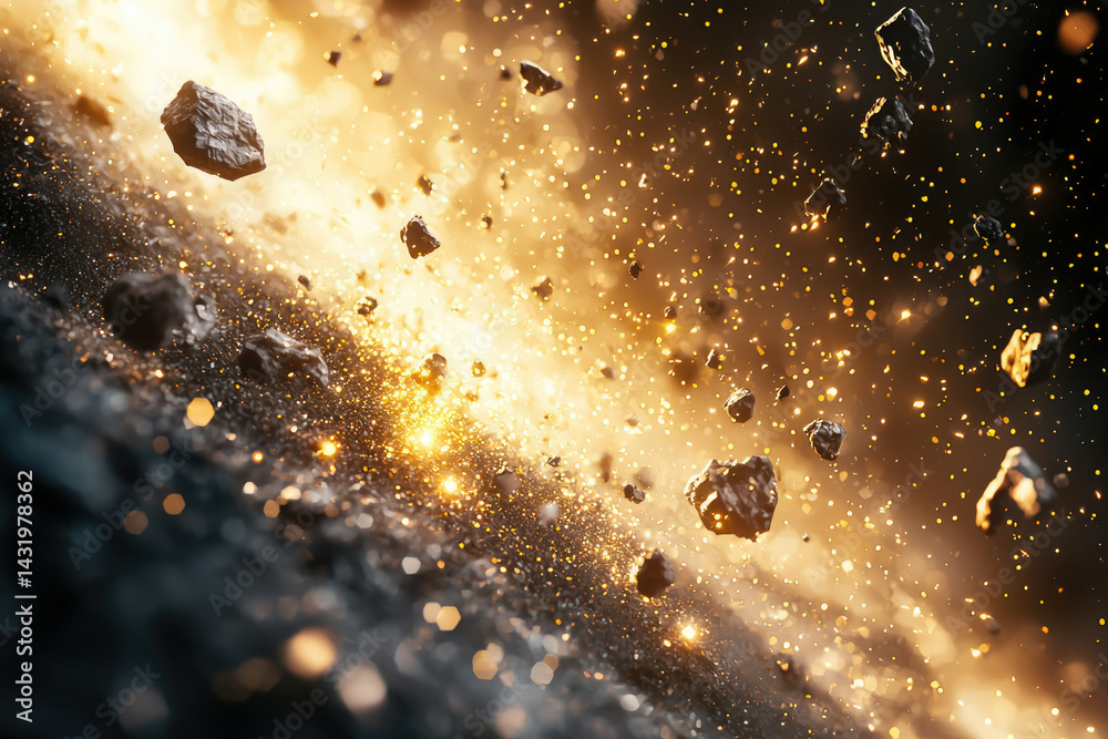 Poster glowing cosmic debris field with dark rocks and golden particles, a celestial spectacle.