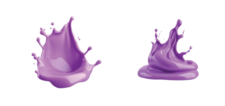 Two purple paint splashes captured in varying dynamic shapes