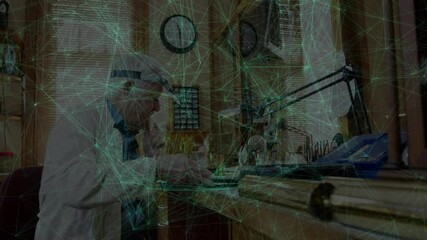 Watch repair showcasing senior watchmaker repairing watch at bench, with gear icons showing detail