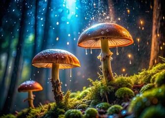 Wet Mushrooms Rain Forest Night Low Light Photography Stock Photo