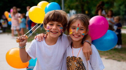Children at a joyful party enjoying face paint and balloons