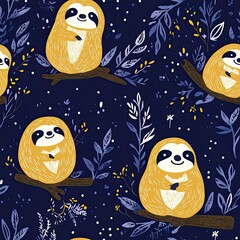 Naklejka premium Adorable Sloths Amidst Blooming Branches: A Nighttime Jungle Dream