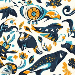 Obraz premium Vibrant Marine and Avian Life Seamless Pattern: A Whimsical Underwater and Sky Tapestry of Birds and Aquatic Creatures in Bold Colors