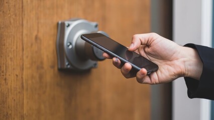 A hand holding a smartphone hovers near a sleek, modern electronic door lock. The interaction suggests smart home security, access control, and the integration of mobile devices with digital locks.