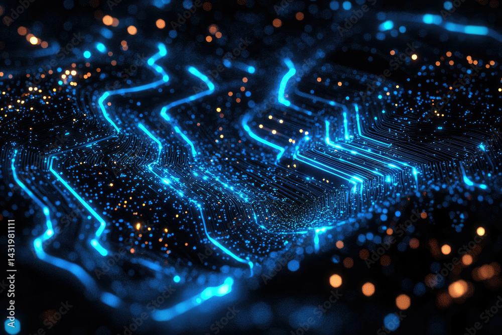 Poster Abstract digital illustration of glowing blue circuit lines and particles on a dark background.