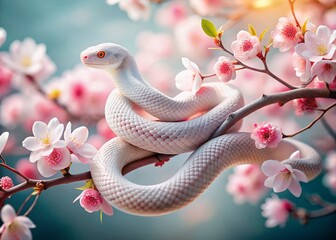 Obraz premium White Snake & Cherry Blossoms: Spring Good Luck Macro Photo