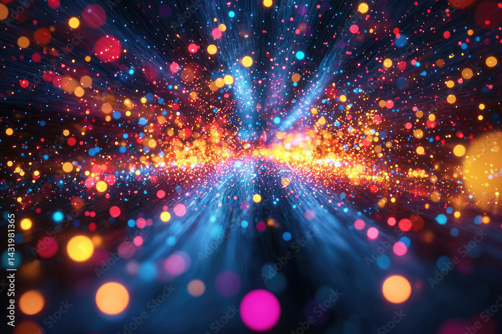 Poster vibrant explosion of colorful lights and sparkles, radiating outwards in a mesmerizing display.