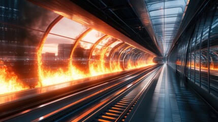 Futuristic Train Station Tunnel with Fiery Cityscape