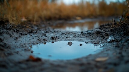 Heavy Rainfall Producing Dynamic Water Splashes and Reflective Puddles on Muddy Ground in a Dramatic Atmospheric Scene