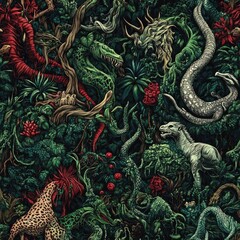 Obraz premium Enchanted Jungle: A Mystical Tapestry of Mythical Creatures and Lush Flora