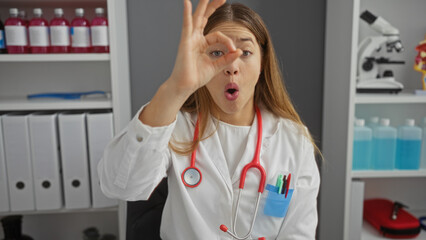 Woman doctor making ok gesture in hospital clinic room wearing white coat with stethoscope symbolizing approval in medical workplace setting with organized shelves and equipment.