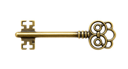 A close up shot of an antique brass key with intricate designs on a black background studio shot