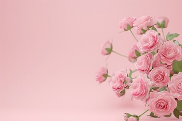 Fototapeta premium Pink rose flowers with green leaves, minimal pastel background, elegant floral arrangement, romantic botanical design, copy space for text, feminine spring decoration, soft light