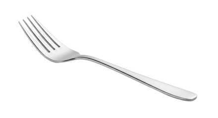 A close up shot of a single silver fork with tines pointing upwards on a plain black background space