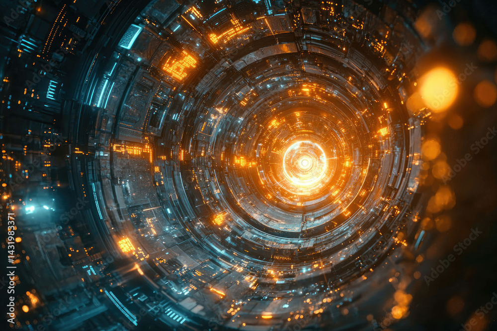 Poster abstract digital art depicting a futuristic, glowing, circular technological structure with intricat