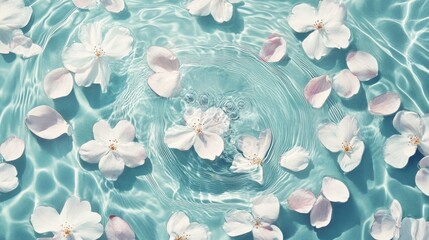 Delicate cherry blossoms dance on a tranquil water surface.
