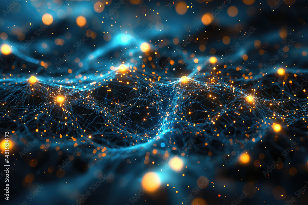 Aufkleber Abstract digital network, glowing nodes and lines forming a wavy pattern.  Connectivity and data flow concept.
