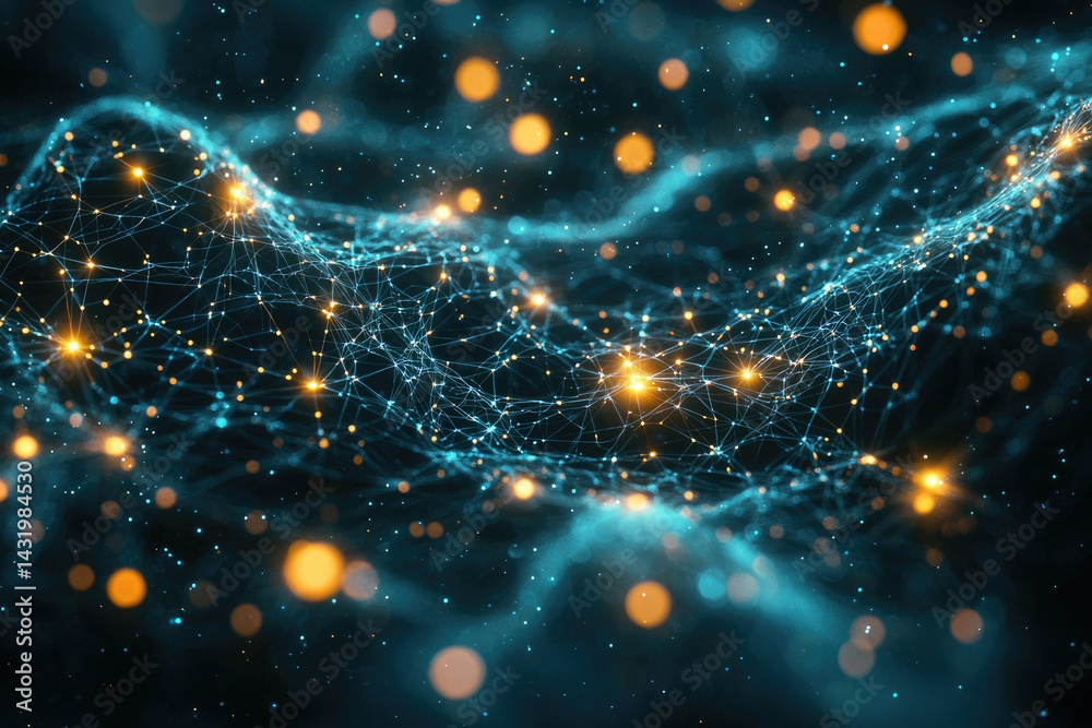 Poster Abstract digital network, glowing nodes and connections, forming a wavy pattern in dark space.