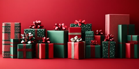 christmas gifts wrapped in red and green, with bows, against red background. Season greetings concept
