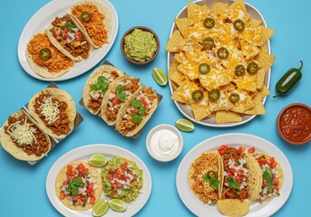 An inviting spread of traditional Mexican food features tacos and nachos, perfect for a tasty meal.