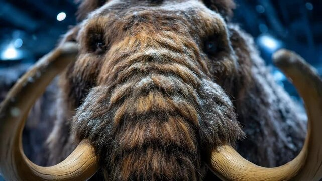 Close-up view of a hairy mammoth face with large ivory tusks and covered in snow, prehistoric animal, exhibit presentation.