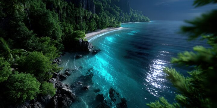 Breathtaking coastal landscape features clear waters and lush greenery under moonlight