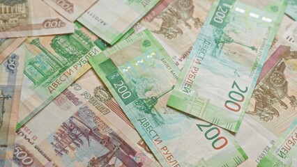 Russian rubles banknotes scattered display colorful currency background symbolizing finance economy wealth