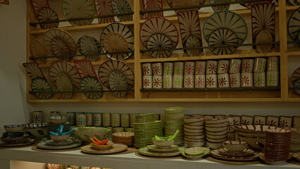 Ceramic shop showcases colorful handmade pottery plates and bowls displayed on wooden shelves in an artisanal market setting.