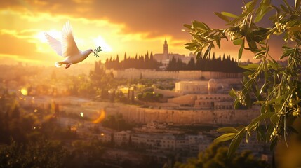 Fototapeta premium Dove release at sunset jerusalem nature