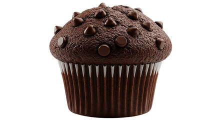A close up shot of a chocolate muffin with chocolate chips on top against a black background photography transparent background