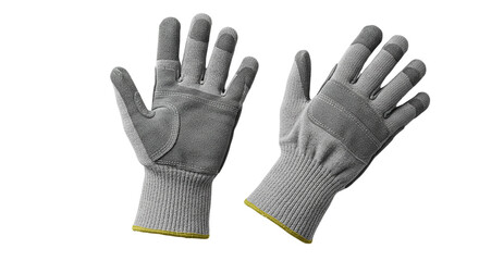 Obraz premium A studio shot of two gray work gloves with leather palms and finger tips on a black background plain