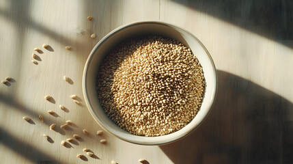 A large bowl filled with whole rye grains, placed on a light brown wooden table with scattered grains surrounding the bowl.