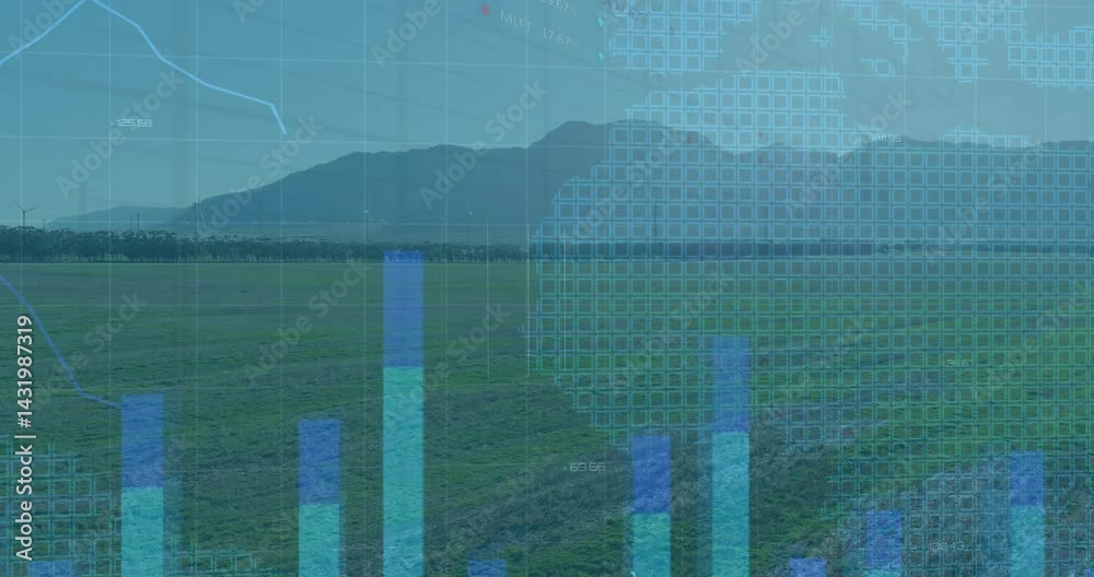 Poster translucent data overlaying field with spinning wind turbines world map grid and rising line charts