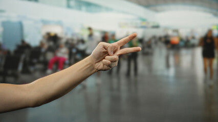 Man gesturing peace sign indoors at busy airport with flight passengers in background, showcasing travel atmosphere and human connection.