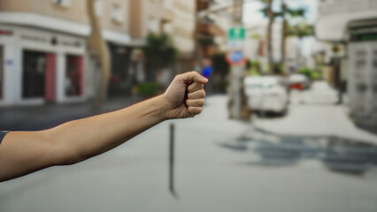 Man holding clenched fist outdoors on a city street, showcasing the arm and hand against an urban...