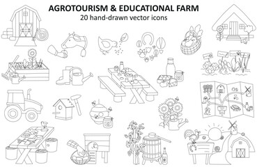 Hand-drawn vector icons inspired by agrotourism and educational farms. Includes barns, animals, produce, tools, and farm life scenes. Perfect for family-friendly, rural, and nature-themed projects.