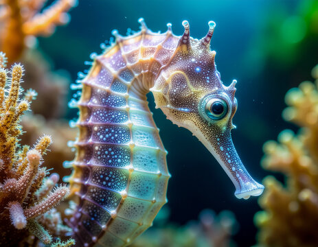 macro of a seahorse in the ocean with coral and seaweed in background