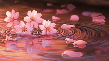 Delicate pink cherry blossoms rest on rippling water.